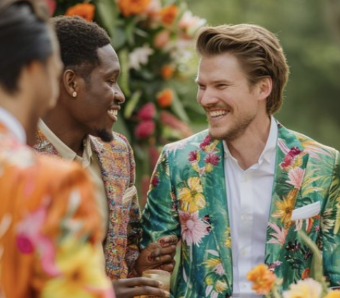 Two men at wedding, one in patterned vest, one in floral jacket